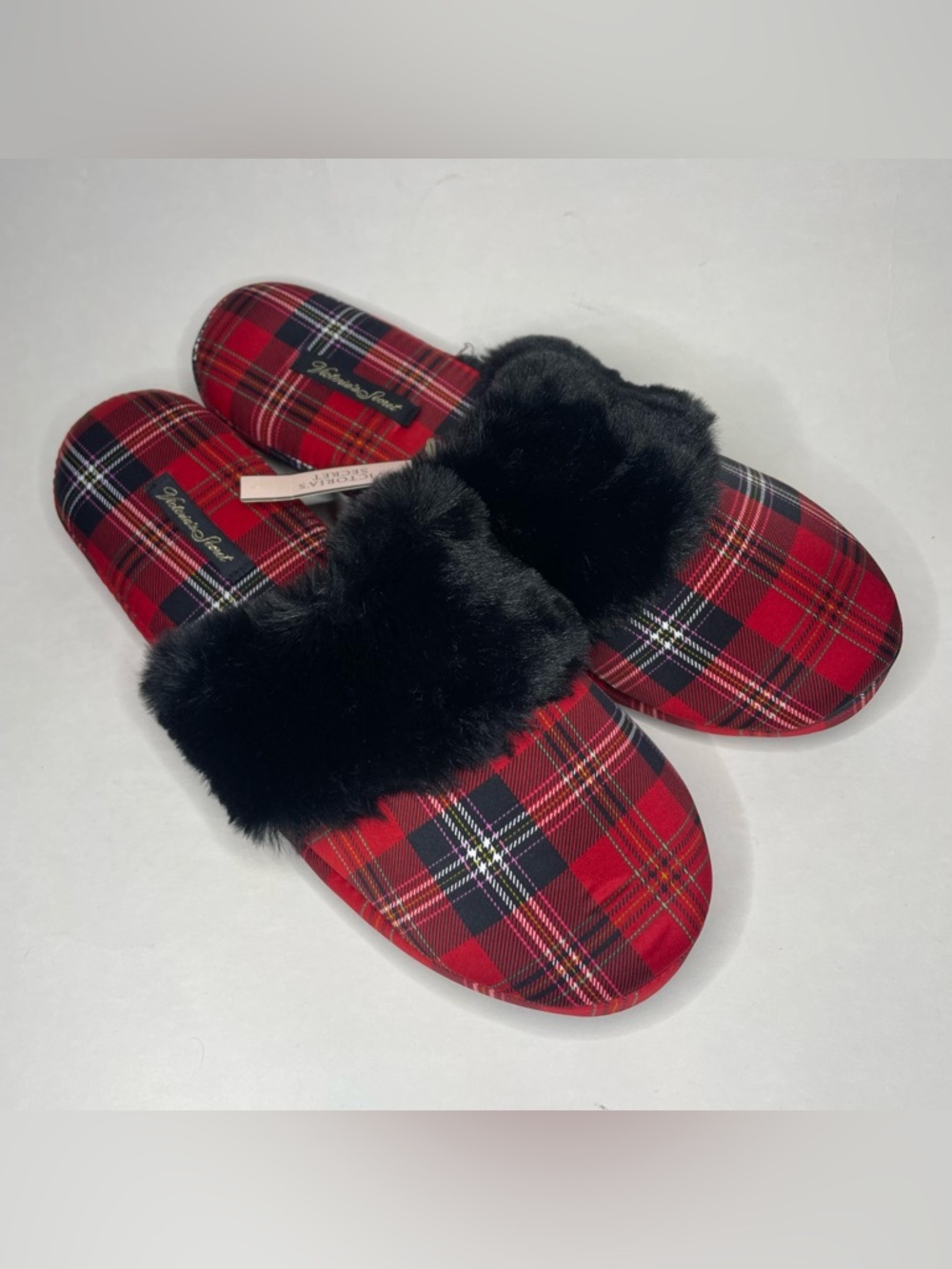 NWT Victoria's Secret Signature Satin Faux Fur Slippers Plaid Old Money Luxury M